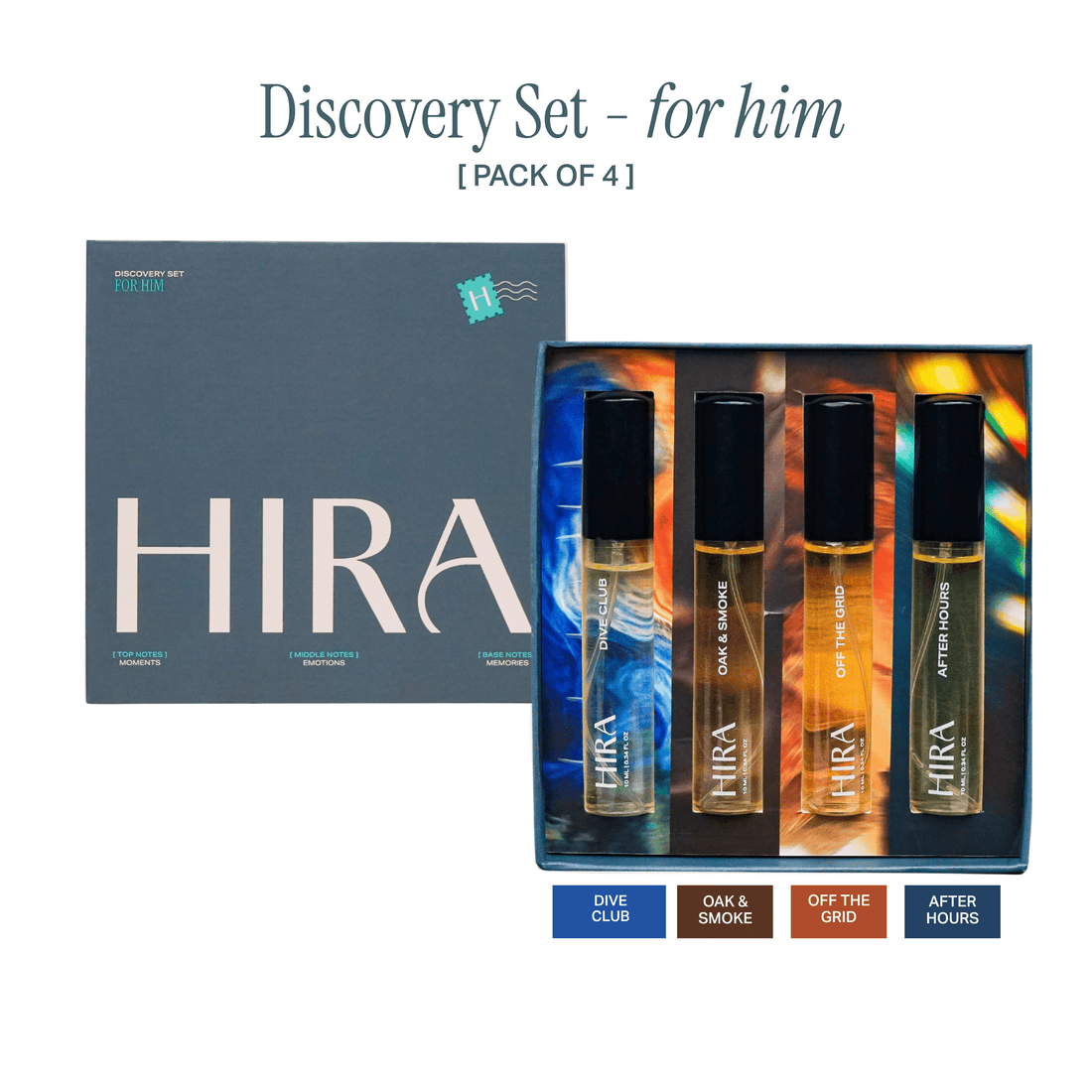Discovery Set for Him | 4 Premium Fragrances | Dive Club, Oak & Smoke, Off the Grid,  & After Hours - 4 X 10ML